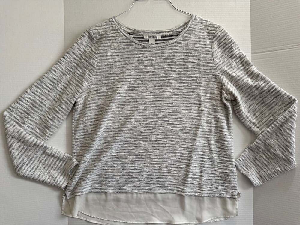 White House Black Market Gray Striped Long Sleeve Layered Hem Sweater Top XL